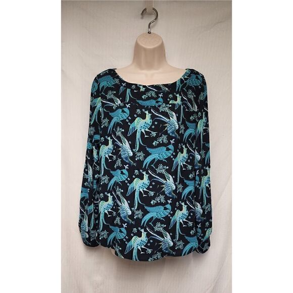 ANN TAYLOR LOFT PEACOCK PRINT SCOOP NECK LONG SLEEVE BLOUSE TEAL/BLACK SMALL - Picture 2 of 9